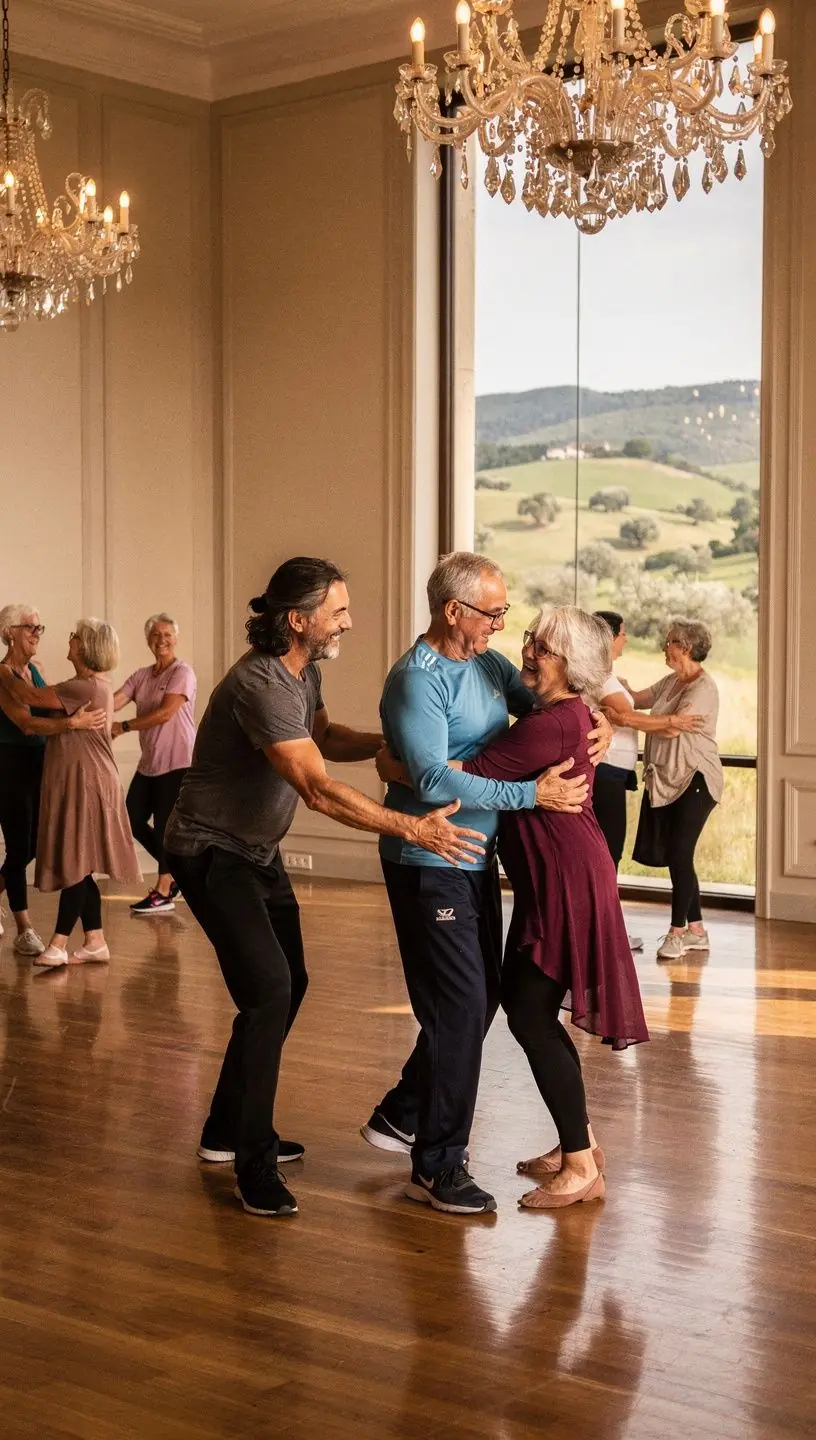 Seniors dancing joyfully in an active aging class.