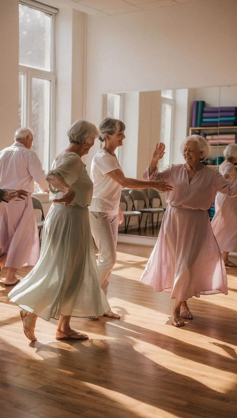 Seniors enjoying various dance styles in a studio.
