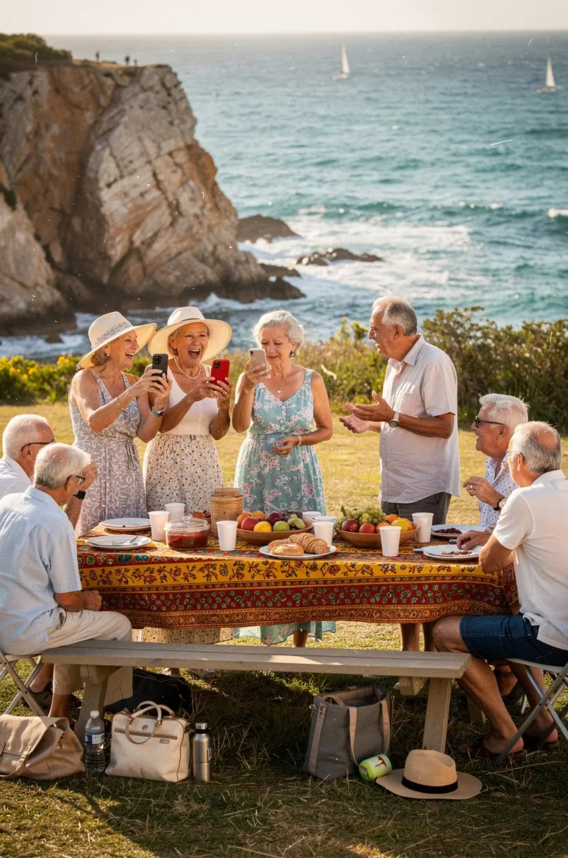 Seniors dancing joyfully in a vibrant studio setting.