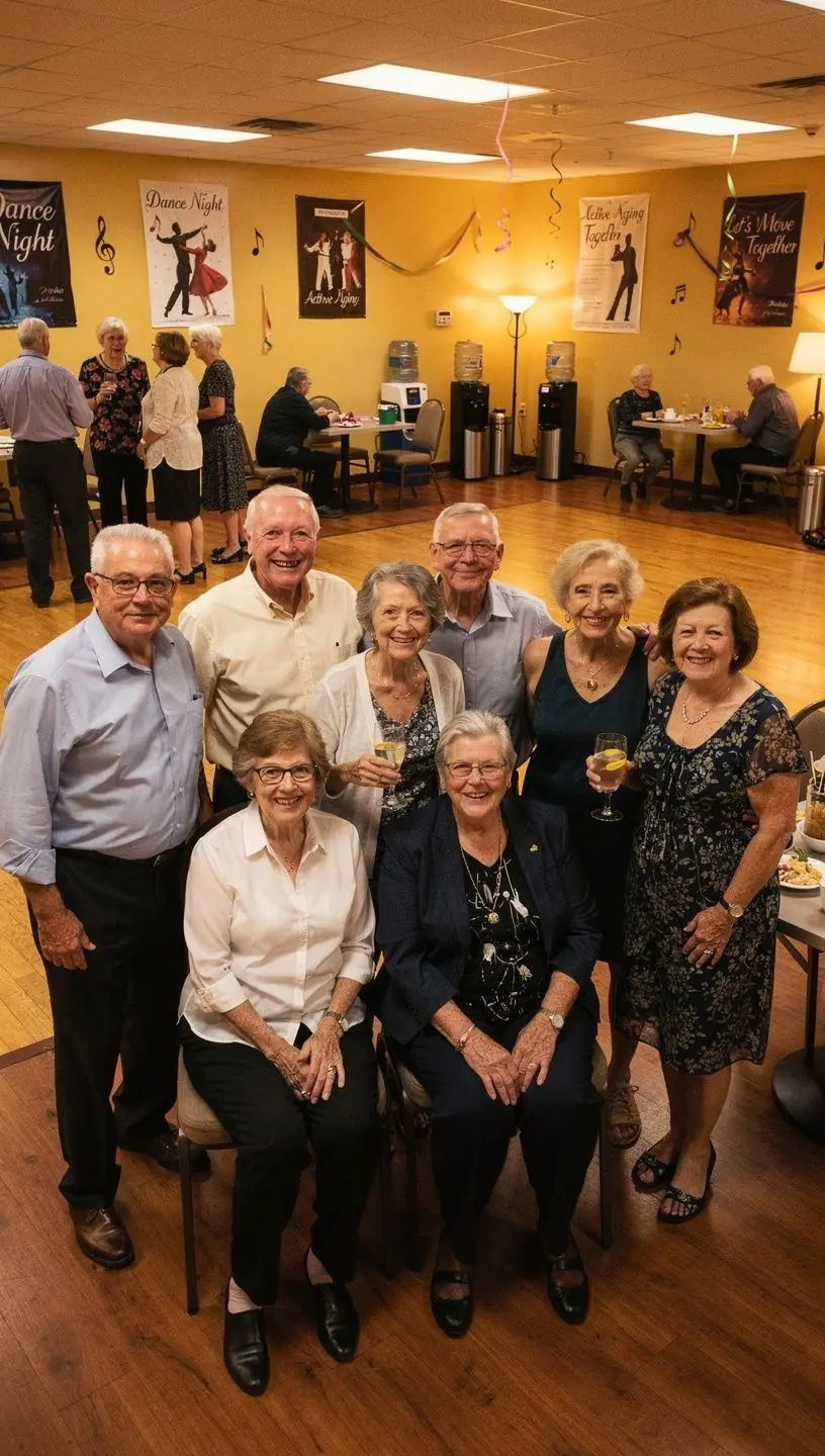 Seniors enjoying social dance at active aging studio.